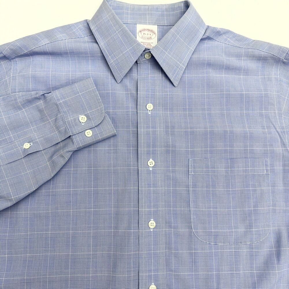 Brooks Brothers 1818 Button Up Shirt Mens M 15 2/3 Plaid Blue Cotton Long Sleeve